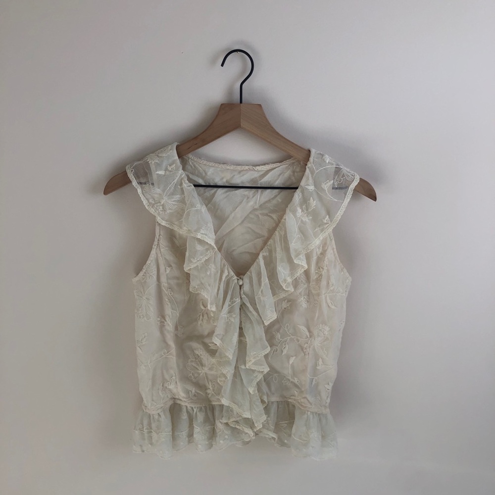 Vintage Ruffle Lace Embroidered Nude Top